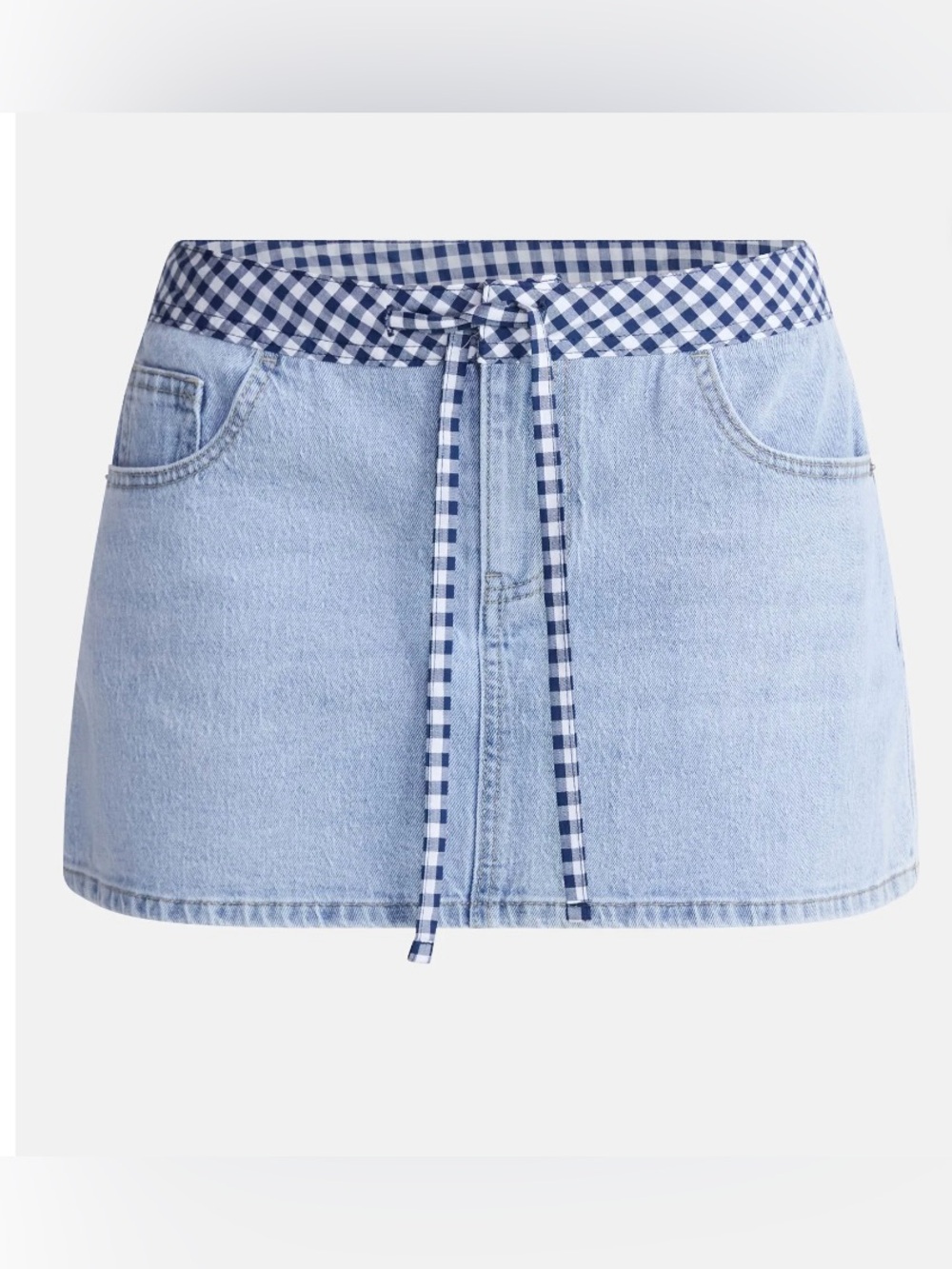 NWT No Boundaries Blue Denim Mini Skirt with Navy Gingham Waist Tie